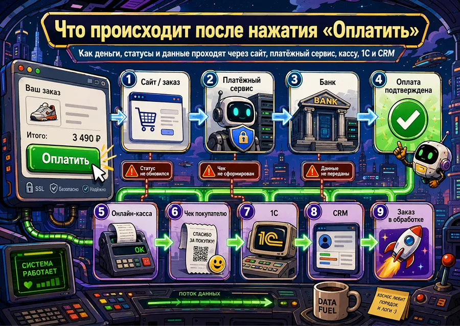 Схема обработки онлайн-платежа на сайте через платежный сервис, банк, онлайн-кассу, 1С и CRM
